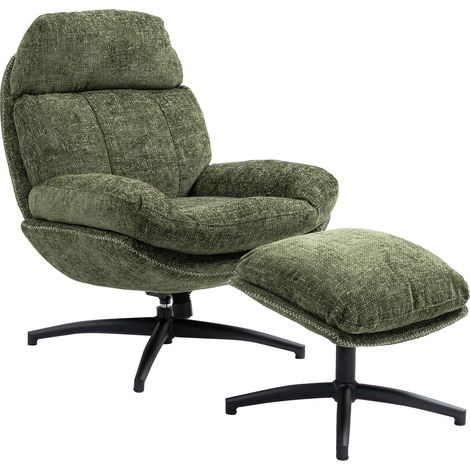 M&S – Fauteuil et repose-pied en tissu kaki chiné – Dossier haut avec appui-tête – Structure en acier laqué noir – Confort optimal pour salon ou bureau