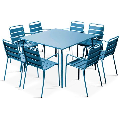 Oviala – Ensemble table de jardin carrée 8 places en métal bleu pacific – Structure en acier thermoplaqué – Résistant aux intempéries – Entretien facile