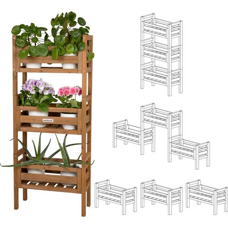 needs&wants® 3-fach multifunktional: Pflanzenständer Blumenständer aus Holz wetterfest für Indoor Outdoor Balkon Garten draußen innen Wand, Pflanzenregal Blumentreppe, z.B. 51 x 23 x 122 cm hoch, brau (1/5)