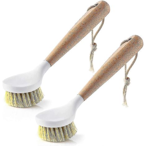 2 brosses à vaisselle avec manche en bois, brosses à récurer à poils naturels pour casseroles et poêles de cuisine (1/5)
