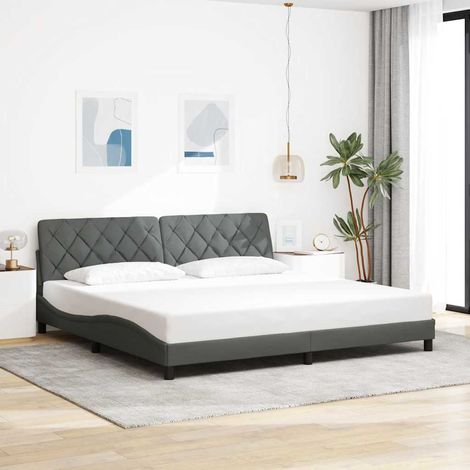 Cadre de lit 200 x 200 cm avec tête de lit, tissu gris foncé et sommier à lattes, sans matelas - PANGIVO (1/5)
