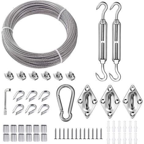 Kit de cuerda de suspensión de acero inoxidable, cable de acero de 3 mm con tensores de alambre M5, cable de acero inoxidable revestido de 15 m, placas de ojales M5, manguitos M3, para toldo triangula (1/5)