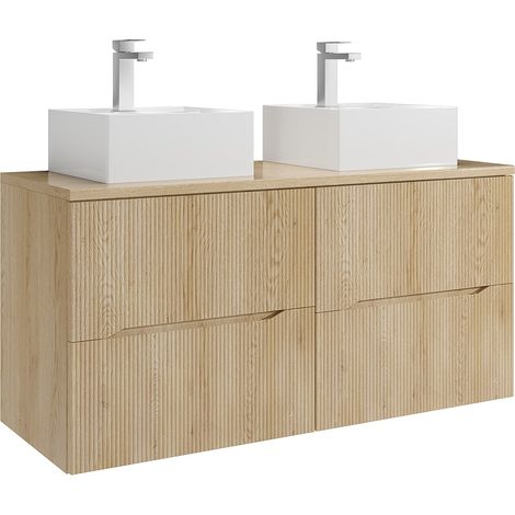 Mobile bagno sospeso scanalato con lavabo da appoggio quadrato e rubinetto Naturale chiaro 120 cm - ORISO