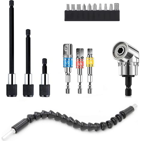 Drill Bit Extension, Hex Shank, 105° Right Angle Drill Attachment, Universal Socket Wrench Tool Set, Universal Socket Adapter Set 1/4 3/8 1/2", 3 Drill Bit Holders, screwdriver bit set (1/5)