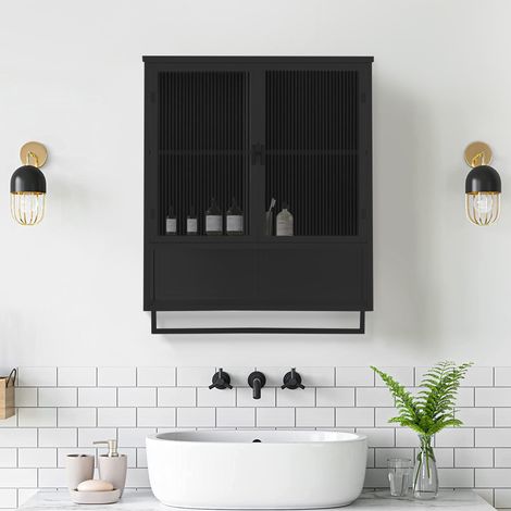 MEUBLIV Wandregal 60 cm schwarz mit Glastüren, offenem Fach und Handtuchhalter (1/5)