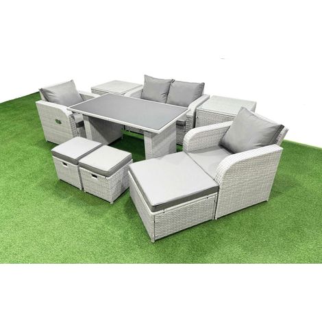 Fimous Outdoor Rattan Garden Furniture Dining Set 7-seater Patio Rectangular Table Love Sofa Reclining Chair Set with 2 Side Tables 3 Stools (1/5)