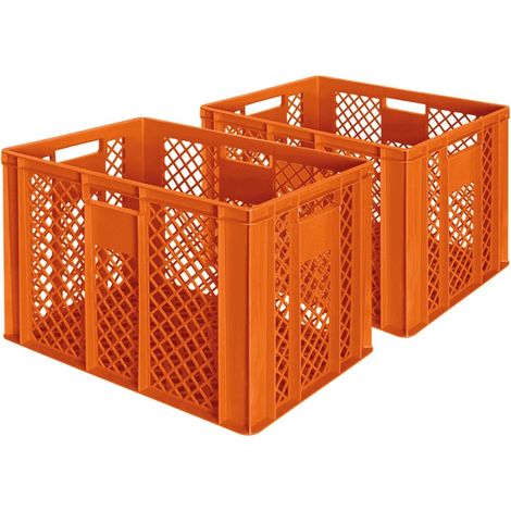 BRB 2x Eurobehälter/Bäckerkiste, LxBxH 600x400x410 mm, lebensmittelecht, Boden und Wände durchbrochen (orange)
