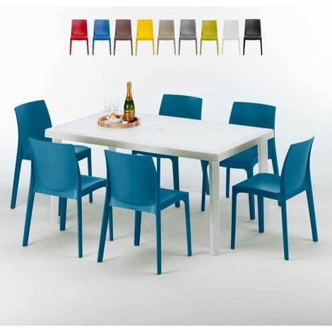 Grand Soleil – Ensemble table rectangulaire blanche 150x90cm avec 6 chaises empilables – Polyrotin résistant aux intempéries – Design Made in Italy