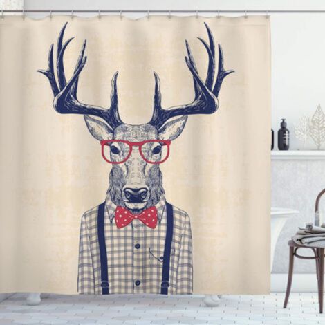 Trendy Shower Curtain, Deer with Jazz Humorous Bow, Fabric Bathroom Decor Set with Hooks, 180 cm x 180 cm, Dark Indigo Coral (1/5)