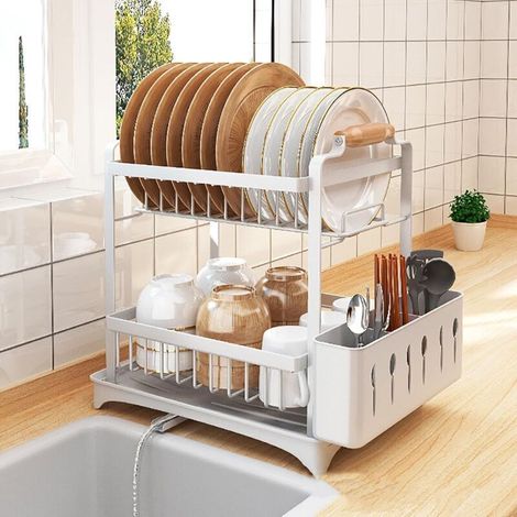 Double-layer white dish drainer with chopstick holder, 36 x 24.5 x 37.5 cm, multifunctional storage rack, 1 piece (1/4)