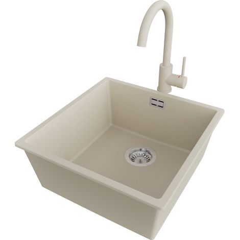 PRIMAGRAN Evier Sous Plan 46x47cm,Evier en Granit 1 bac + Robinet 32x20cm + Kit de Vidage, Évier au meuble 50cm - London, Beige (1/5)