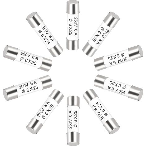 Fusibles à Cartouche en Céramique 6A 250V 6x25mm, Fusible Tube à Coupure Rapide Rechange pour Amplificateur Lampe à Économie Énergie Ballast, 10pcs (1/4)