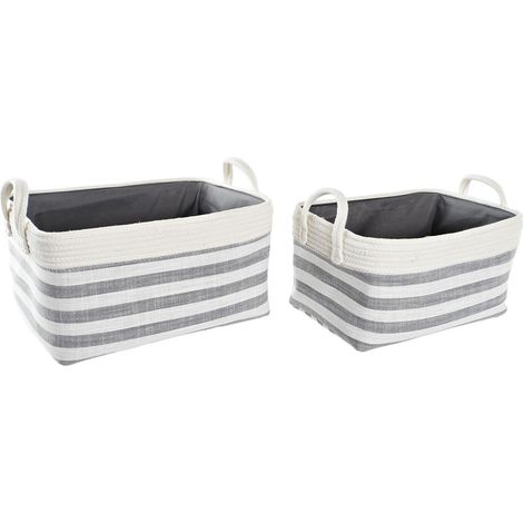 DKD Home Decor Set de basket rayures gris coton 2 pièces (1/3)