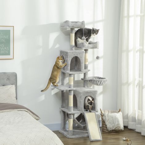 Katzenbaum, Spielturm für Katzen, 3 Plattformen, 2 Höhlen, 2 Liegeflächen, 2 Hängematten, 1 Leiter, Höhe 177 cm, hellgrau