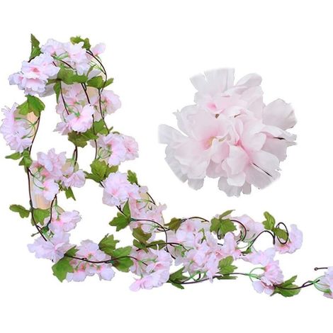 2 Pack 230cm Faux Cerise Vigne Fleurs Plante Artificielles Lierre Suspendu Guirlande de Soie aux Feuilles Vertes pour Intérieur Extérieur Accueil Hôtel Jardin Fête Mariage Art Décor (Rose) (1/5)