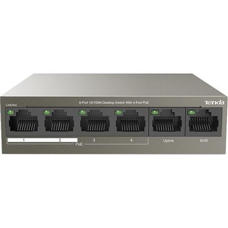 Tenda TEF1106P-4-63W PoE AT switch 4x PoE 802.3af/at, 6x 100Mb/s, PoE celkem 63W, fanless, PoE+ (1/3)
