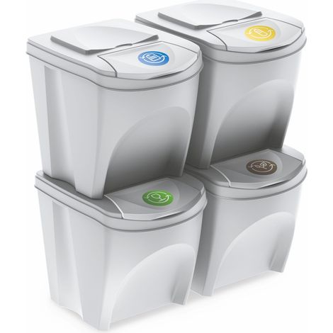 Sortibox Mülleimer mit Deckel 4er Set - 25 L / weiß - Müll Trennsystem Abfall Trenner stapelbar
