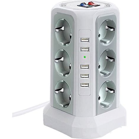 Tour multiprise parafoudre et surtension, Multiprise Electrique avec 5 Ports USB et 12 Prises, multiprise avec et 3 Interrupteurs, Blanc (1/4)