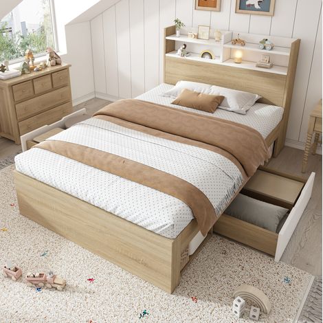 Einzelbett 90/200 cm weiß/eiche aus Holz mit Kopfteilregal und 2 Schubladen (1/5)