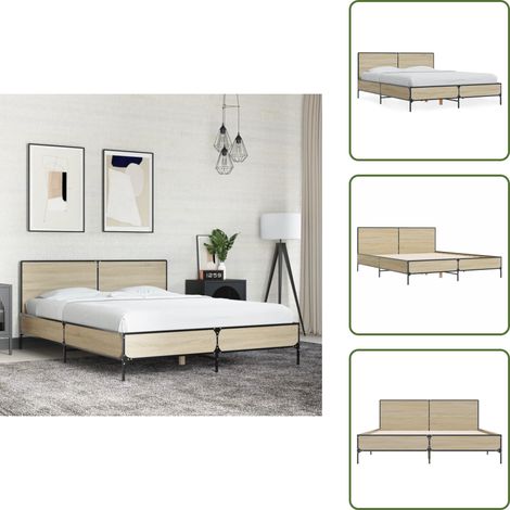 Letto con doghe in compensato - vidaXL Giroletto Rovere Sonoma 135x190 cm in Legno Multistrato Metallo - Letto con supporto schiena