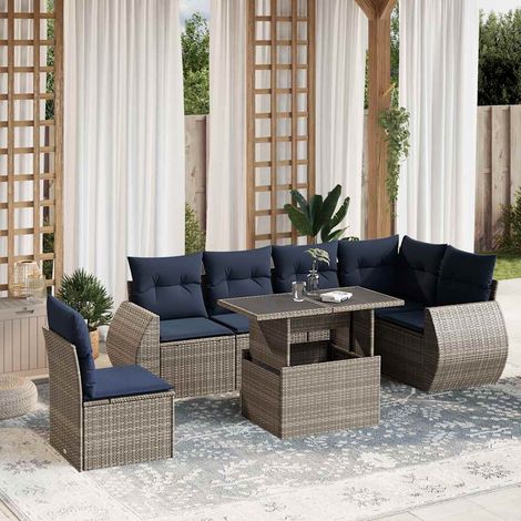 vidaXL Conjunto de sofá de jardín de 7 piezas con cojines, poliratán gris (1/5)