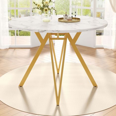 Table à manger ronde – Plateau MDF imitation marbre – Pieds métal dorés et réglables – 2-4 personnes – Charge max 60 kg – Idéal pour salle à manger et salon – 100×100×76 cm (1/5)