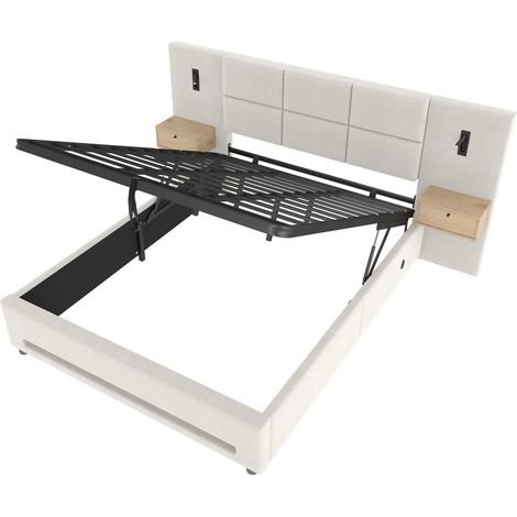 Cama con canapé 160x200 cm en terciopelo beige con cabecero, LED, USB-C y estructura metálica (1/5)