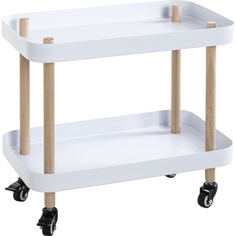 Table d'appoint sur roulettes, Bois Massif Naturel, piètement métallique Blanc, Table Basse Mobile - Dimensions : L 50 x H 47 x P 30 cm Style : Moderne (1/5)
