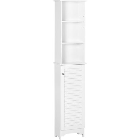 Colonne de rangement salle de bain 3 niches, meuble avec porte persienne, 3 étagères en MDF et panneaux de particules blanc (1/5)