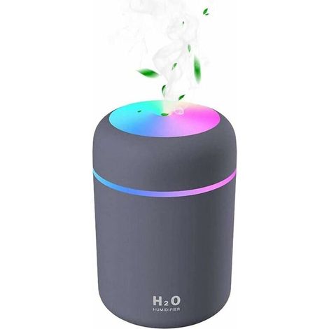 Mini Humidificateur d'air USB Ultrasonique avec 7 Couleurs de Lumière Breath, Arrêt Automatique, Mode 2 Brumes, pour Chambre, Bureau, Auto, Maison, Bébé (Gris) (1/5)