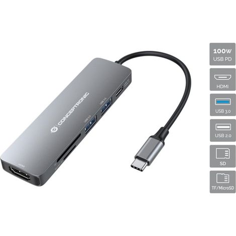Conceptronic DONN11G 6-in-1 USB 3.2 Gen 1 Dockingstation, HDMI, 100W USB PD, USB 3.0, USB 2.0, SD, TF/MicroSD (1/5)