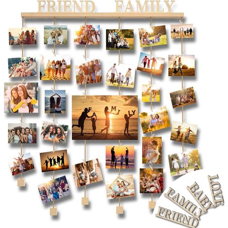 Cadre Photo Pele Mele Mural Porte Photo Mural en Bois Cadre Multi Photo Decoration Maison avec Photo Pince et 4 Lettres en Bois- Family Friend Love Baby (1/5)