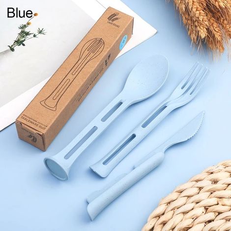 3pcs / set 3 en 1 Voyage Portable Couverts Ensemble Japon Style Paille De Blé Couteau Fourchette Cuillère Étudiant Vaisselle Ensembles Cuisine Vaisselle Bleu