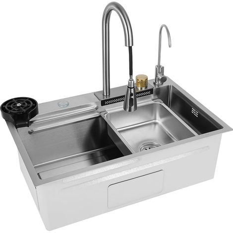 Fregadero de cocina doble integrado, cascada, fregadero de acero inoxidable, juego de fregadero, con 4 modos de agua, 75 x 35 x 21 cm (2 cestas de agua+2 grifos+1 tabla de cortar+1 lavadora de tazas) (1/5)