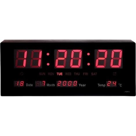 Orologio da parete digitale 36x15 cm con LED rosso, calendario, termometro e sveglia – Ideale per ufficio o casa. (1/4)