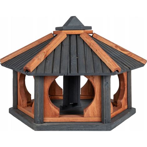 Grande mangiatoia per uccelli in legno con tramoggia KW62, in teak antracite, su supporto, prodotto polacco. (1/5)