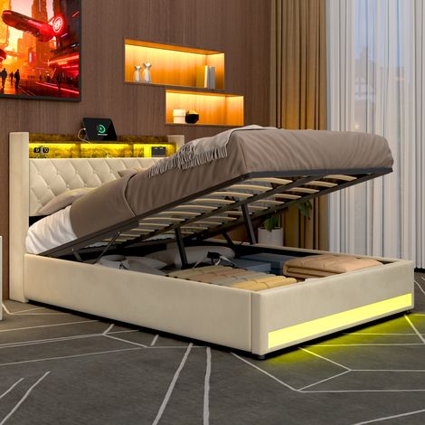 Bett 160x200 cm Gepolstert Samt Beige, Ergonomisches Design mit Hoch elastischem Schaumstoff, Fleckenabweisend Leicht zu Reinigen - Optimaler Komfort