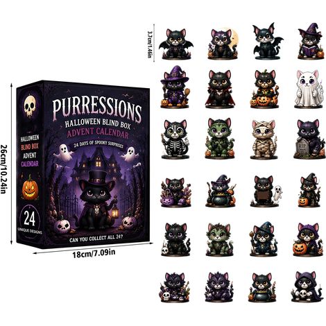 Calendrier de l'Avent avec motif chat noir d'Halloween - 24 décorations suspendues en acrylique 2D - Calendrier de l'Avent de 24 jours pour la décoration d'Halloween et les cadeaux de fêtes (1/5)