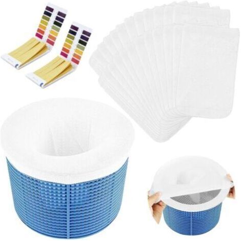 Chaussettes d'écumoire de piscine 32 pièces, chaussettes d'écumoire de piscine en maille ultra-fine + bandelettes de test de qualité de l'eau/PH X2pcs (1/5)