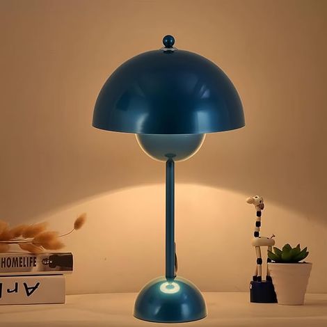 Lampe de table champignon nordique métal bleu marine, E27, H45 cm