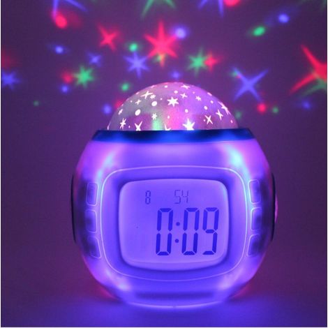 Réveil musical avec projection de ciel étoilé, calendrier perpétuel étoiles et lune, réveil coloré, écran bleu, lampe de projection colorée (1/4)