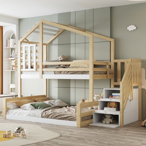 Etagenbett Kiefernholz & MDF Natur 90x200/140x200 cm mit Stauraumtreppe und Hausdesign (1/5)