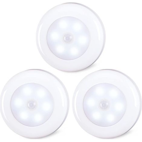 Lot de 3 lampes à détecteur de mouvement pour l’intérieur, à coller, fonctionnement à piles, lumière LED sans fil pour armoire, escaliers, placard, cuisine, blanc froid (1/4)