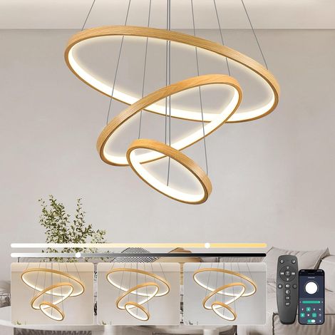 1 Lustre Suspension Led 3 Anneaux Dimmables Bois Contrôle App Salon Chambre
