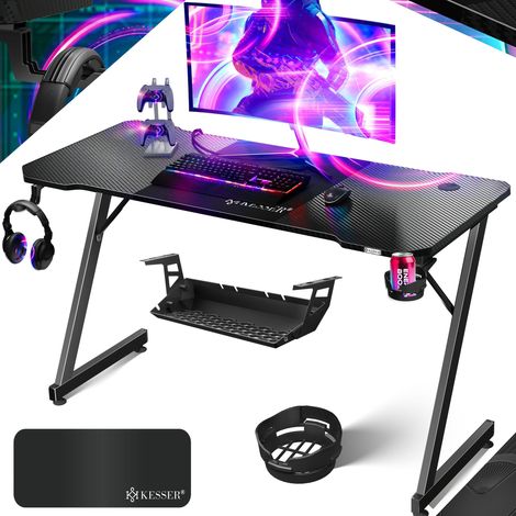 KESSER® Ultimate Gaming Desk  Scrivania da gioco con telaio a Z e portabicchieri  Gancio per cuffie  Scrivania per computer Scrivania per PC Scrivania ergonomica per giocatori  140 x 60 cm  Carbonio n