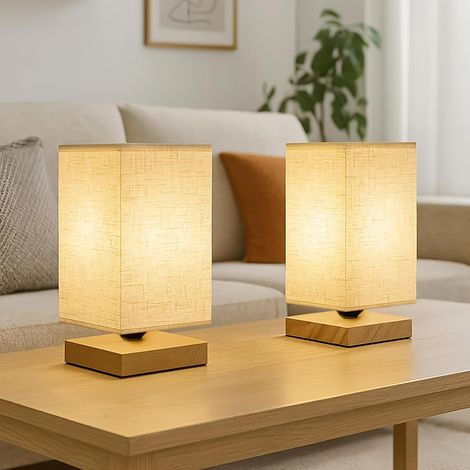 Youyijia Square Table Lamp for Bedroom Set of 2 Compact Minimalist Bedside Lamp with Fabric Shade, On/Off Switch and Natural Wood Base (Warm Light Bulb Included) (1/5)