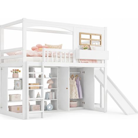 Lit superposé enfant 90x200 avec toboggan, étagères, armoire intégrée et échelle inclinée à 4 marches, sécurité renforcée et gain de place - CHICFURN (1/5)