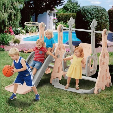 FOERPL-Scivolo per bambini 4 in 1, scivolo per neonati con canestro da basket, sedia a dondolo, altalena, scivolo per interni ed esterni per bambini piccoli