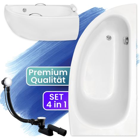 Badewanne Eckbadewanne 150x70 Rechts mit AcrylSchürze, Ablaufgarnitur & Füßen GRATIS - Komplettset 4in1 Original Acryl Wanne Siphon - BADLAND MILENA (1/5)