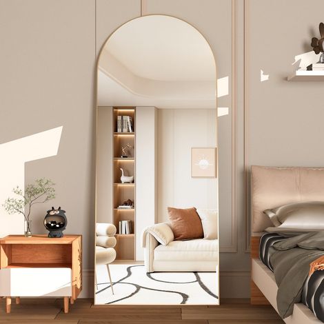 Miroir de Sol Arqué de 165 x 60 cm avec Support, Doré Grand Miroir Mural à Suspendre ou à Poser Contre Le Mur pour Chambre à Coucher, Entrée, Salon (1/5)